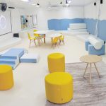 Imagen panorámica de una Sala de Estimulación Multisensorial SEM con todas las luces frías encendidas. Destaca la piscina con pelotas, tubo de burbujas, proyector en el muro, bola de espejos, puf amarillos, alfombra con mesa pequeña, juegos de espuma para el desarrollo de la motricidad, mesas de trabajo, sillones, ventilador, fibra óptica.